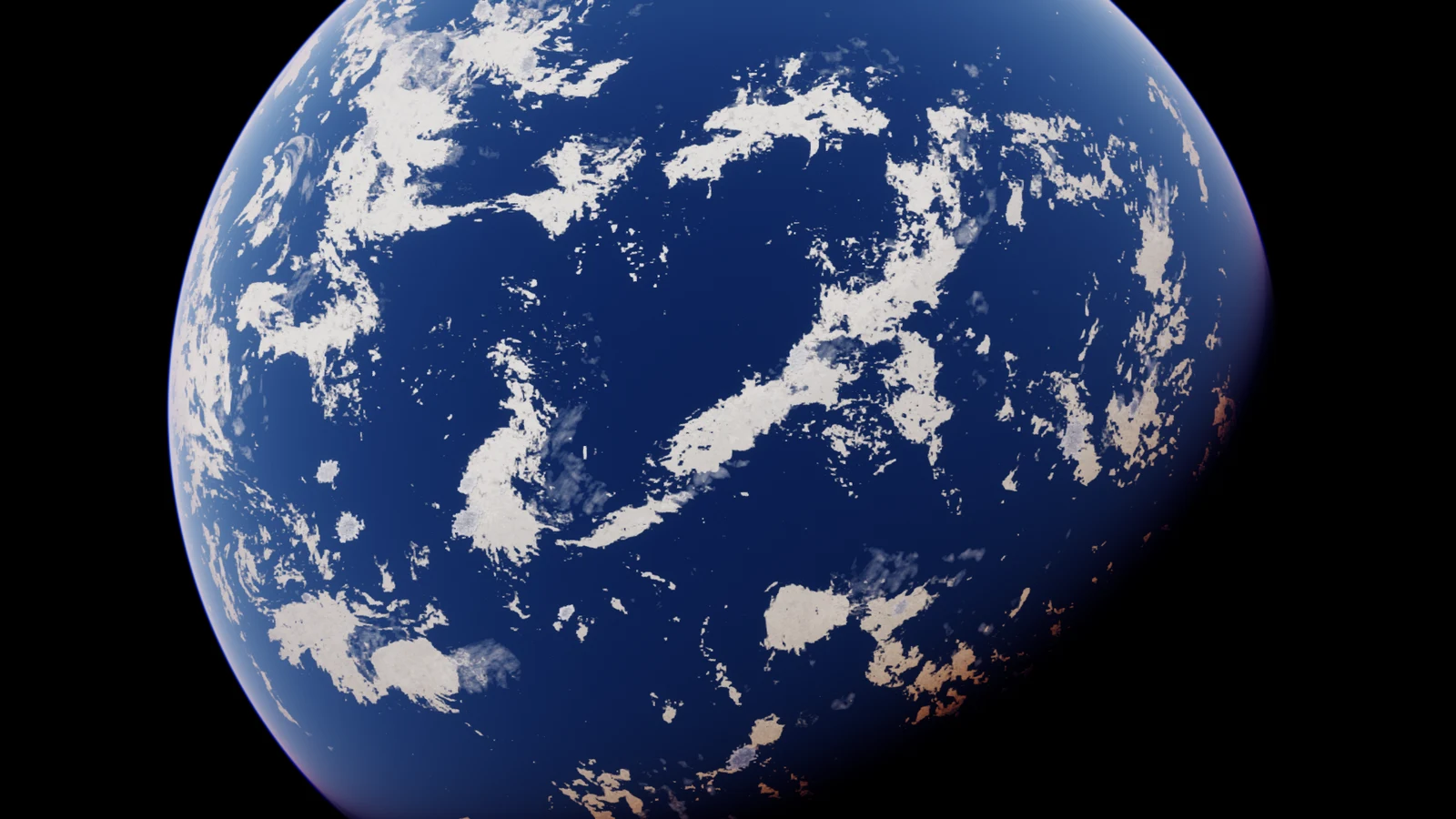 An Earth-like planet rendered by AeroPlanet Volumetrics, seen from 20,000 km with cloud bands over deep blue ocean and a blue atmospheric limb — captured in Unreal Engine 5.5.