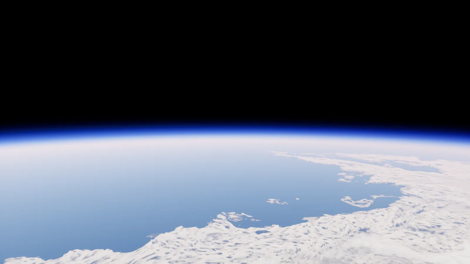 A closer view of cloud cover from 60 km altitude, showing detailed frayed edges of cloud masses over blue ocean, captured in Unreal Engine 5.5.