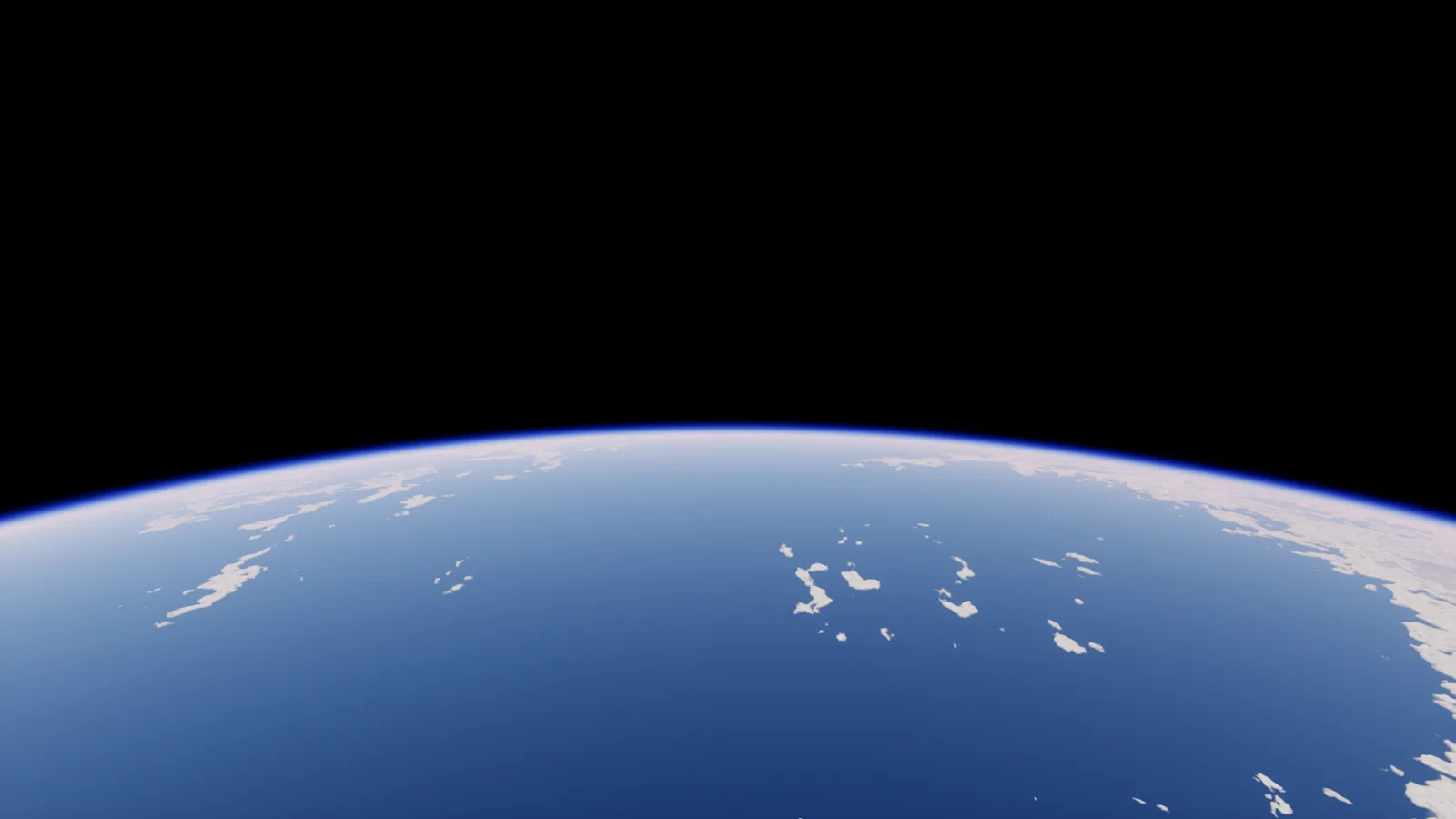 The curved limb of a planet with a blue atmospheric glow against black space, scattered clouds over ocean below, captured in Unreal Engine 5.5.